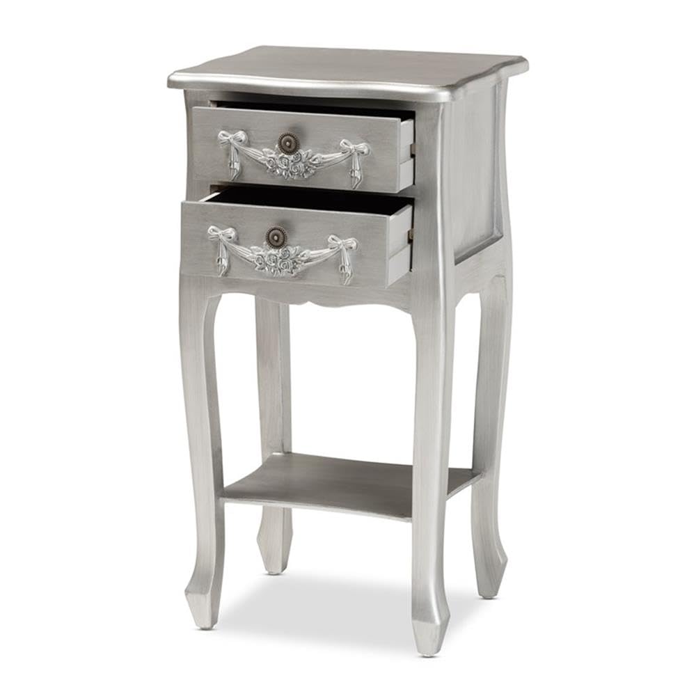 Baxton Studio Eliya Classic and Traditional Brushed Silver Finished Wood 2-Drawer Nightstand